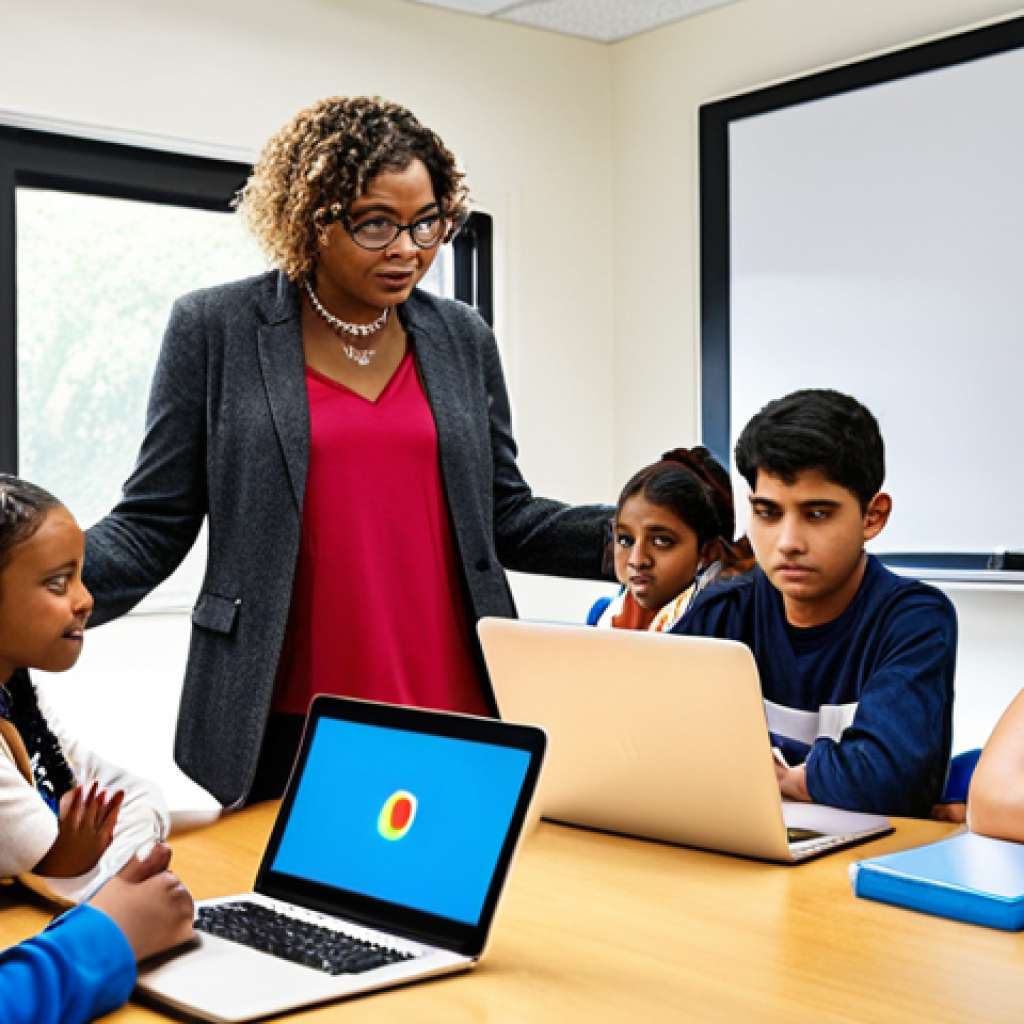 **Image Prompt:** A supportive teacher guiding a diverse group of students, each engaged in different learning activities using laptops, tablets, and books. Emphasize personalized learning paths and the teacher's role as a facilitator. The setting is a brightly lit, modern classroom.