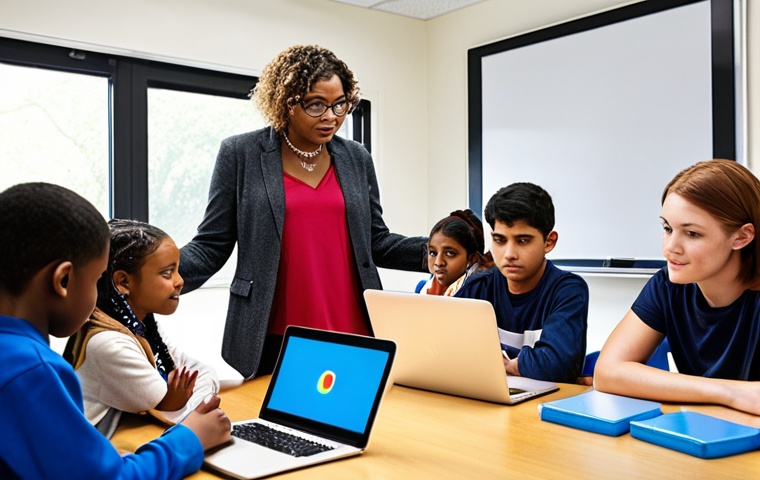 **Image Prompt:** A supportive teacher guiding a diverse group of students, each engaged in different learning activities using laptops, tablets, and books. Emphasize personalized learning paths and the teacher's role as a facilitator. The setting is a brightly lit, modern classroom.