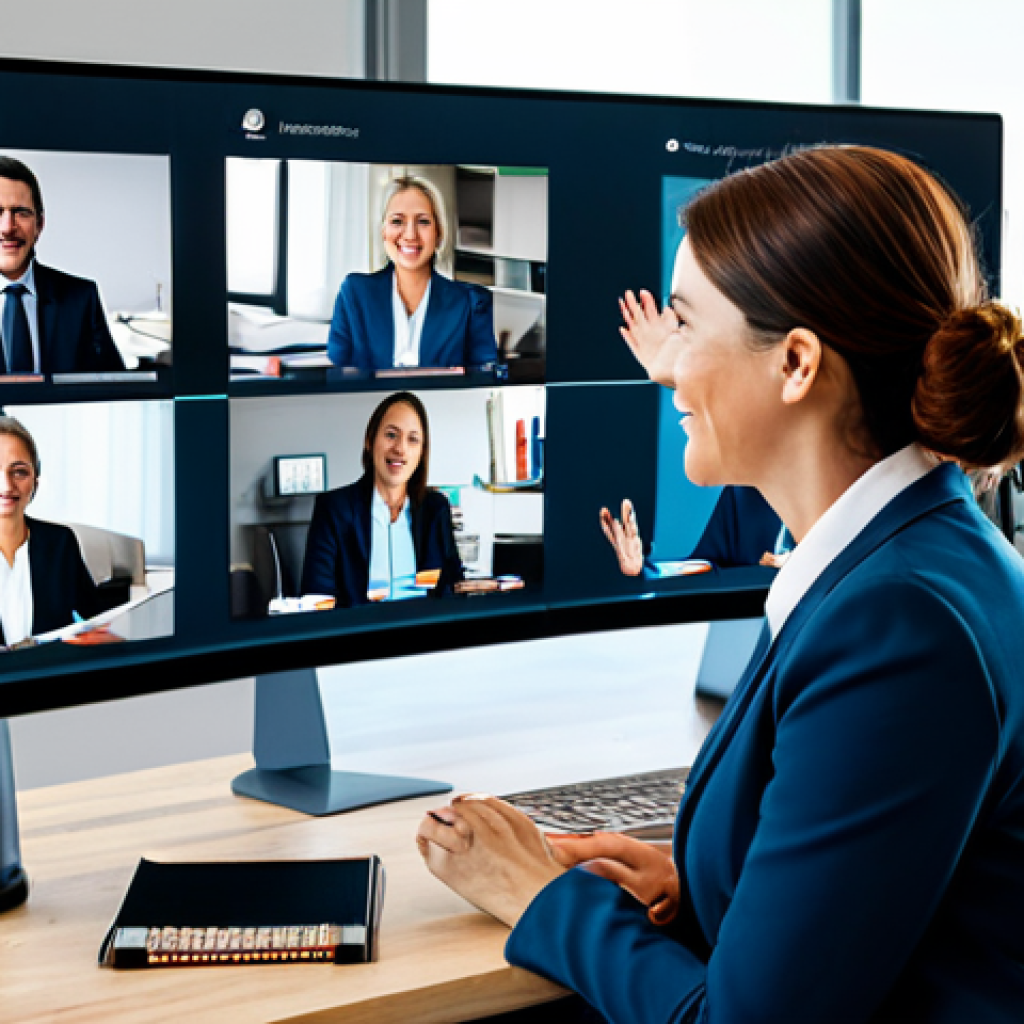 An empathetic female digital leader, appearing professional and approachable, actively engaged in a virtual team meeting on a large screen. She is fully clothed in a modest business blazer, with a diverse group of team members visible in separate video windows, all in professional attire, showing engaged expressions. The background is a modern, clean home office setup for the leader, and various professional home/office backgrounds for the team. The scene emphasizes genuine human connection and active listening despite distance. safe for work, appropriate content, fully clothed, perfect anatomy, correct proportions, natural pose, well-formed hands, proper finger count, professional photography, high quality.