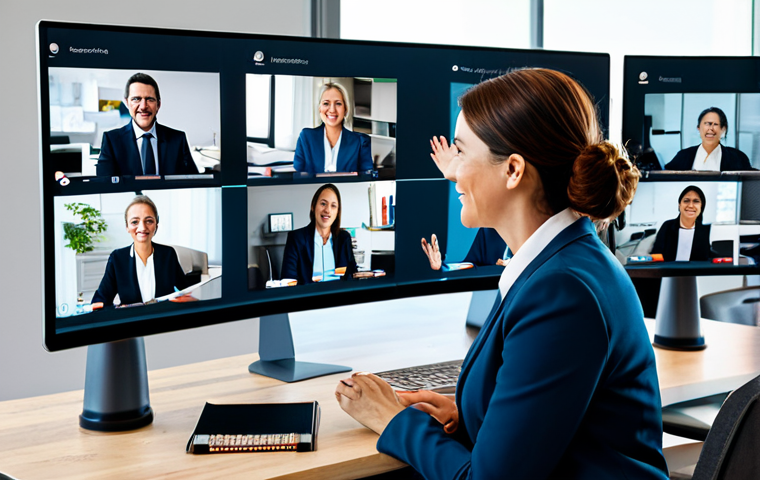 An empathetic female digital leader, appearing professional and approachable, actively engaged in a virtual team meeting on a large screen. She is fully clothed in a modest business blazer, with a diverse group of team members visible in separate video windows, all in professional attire, showing engaged expressions. The background is a modern, clean home office setup for the leader, and various professional home/office backgrounds for the team. The scene emphasizes genuine human connection and active listening despite distance. safe for work, appropriate content, fully clothed, perfect anatomy, correct proportions, natural pose, well-formed hands, proper finger count, professional photography, high quality.