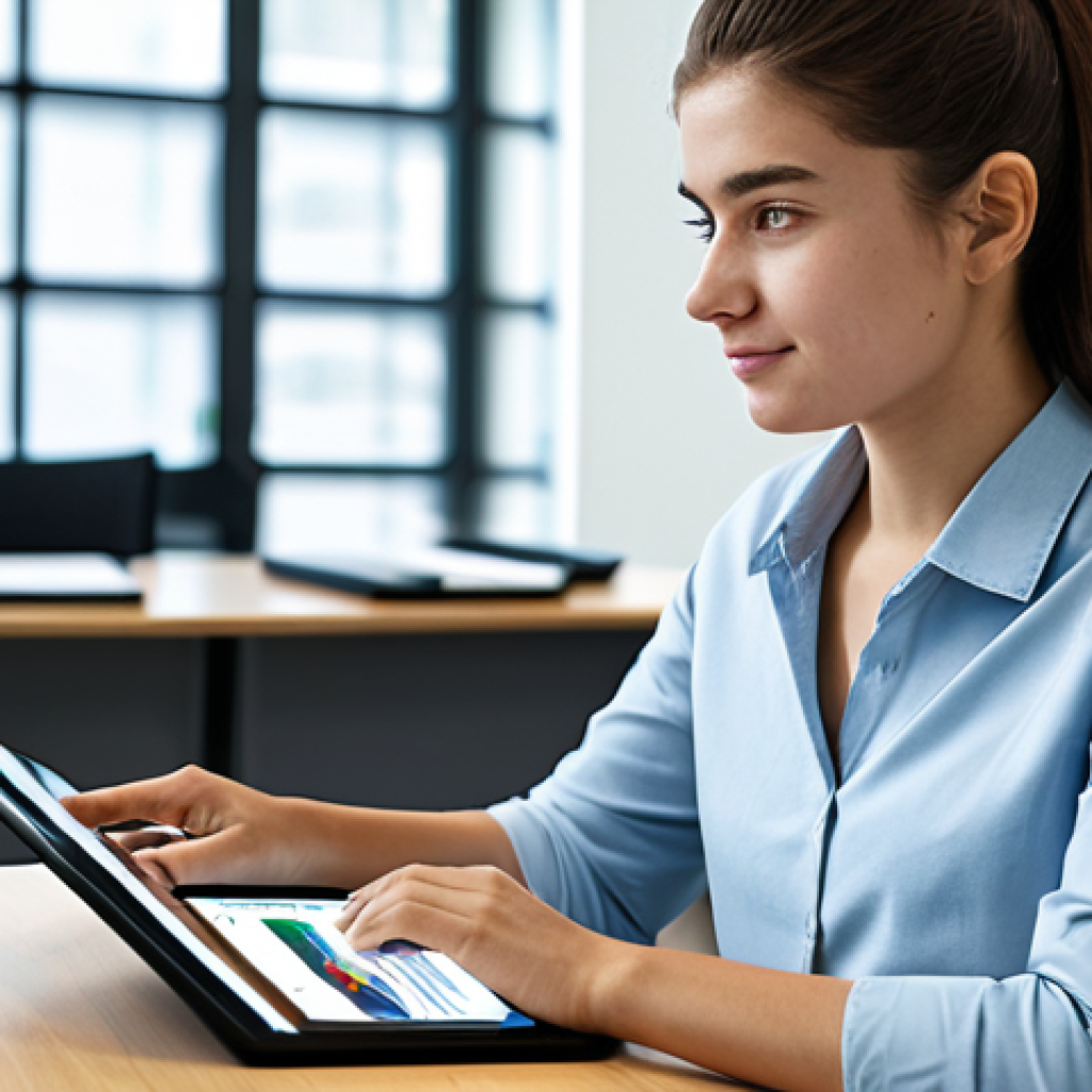 A focused university student, fully clothed in professional and modest attire, seated at a modern desk in a well-lit, contemporary study lounge. They are deeply engaged with an interactive adaptive learning platform displayed on a sleek tablet, showcasing personalized educational content. The image emphasizes digital learning and individual progress. High-quality professional photography, perfect anatomy, correct proportions, natural pose, well-formed hands, proper finger count, natural body proportions, safe for work, appropriate content, fully clothed, professional.