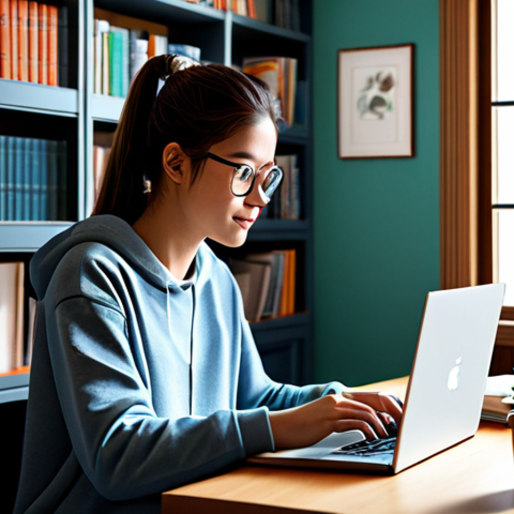 Online Learning Platform**
"A student fully clothed in casual attire, studying on a laptop with a Coursera-like platform displayed. Background: A cozy home office setting with bookshelves. Safe for work, appropriate content, professional, perfect anatomy, natural proportions, well-lit, digital illustration."
**