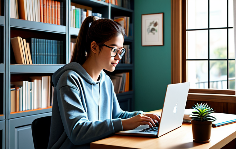 Online Learning Platform**
"A student fully clothed in casual attire, studying on a laptop with a Coursera-like platform displayed. Background: A cozy home office setting with bookshelves. Safe for work, appropriate content, professional, perfect anatomy, natural proportions, well-lit, digital illustration."
**