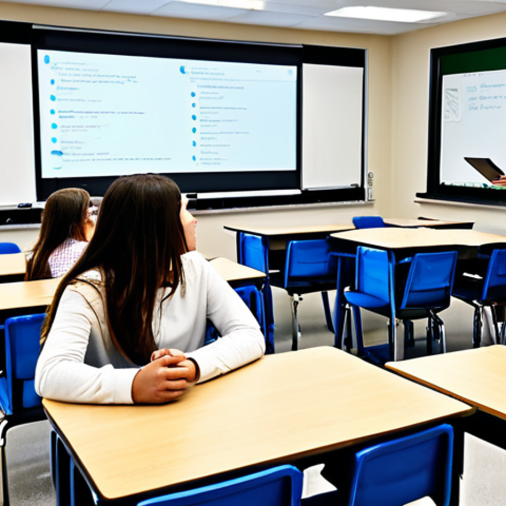 디지털 학습의 콘텐츠 업데이트 - Modern Classroom Transformation**
"A brightly lit, modern classroom featuring students using tablet...