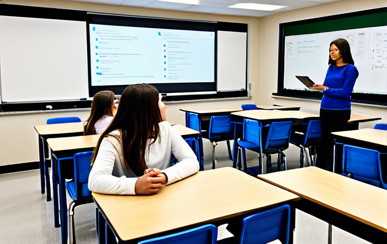 디지털 학습의 콘텐츠 업데이트 - Modern Classroom Transformation**
"A brightly lit, modern classroom featuring students using tablet...