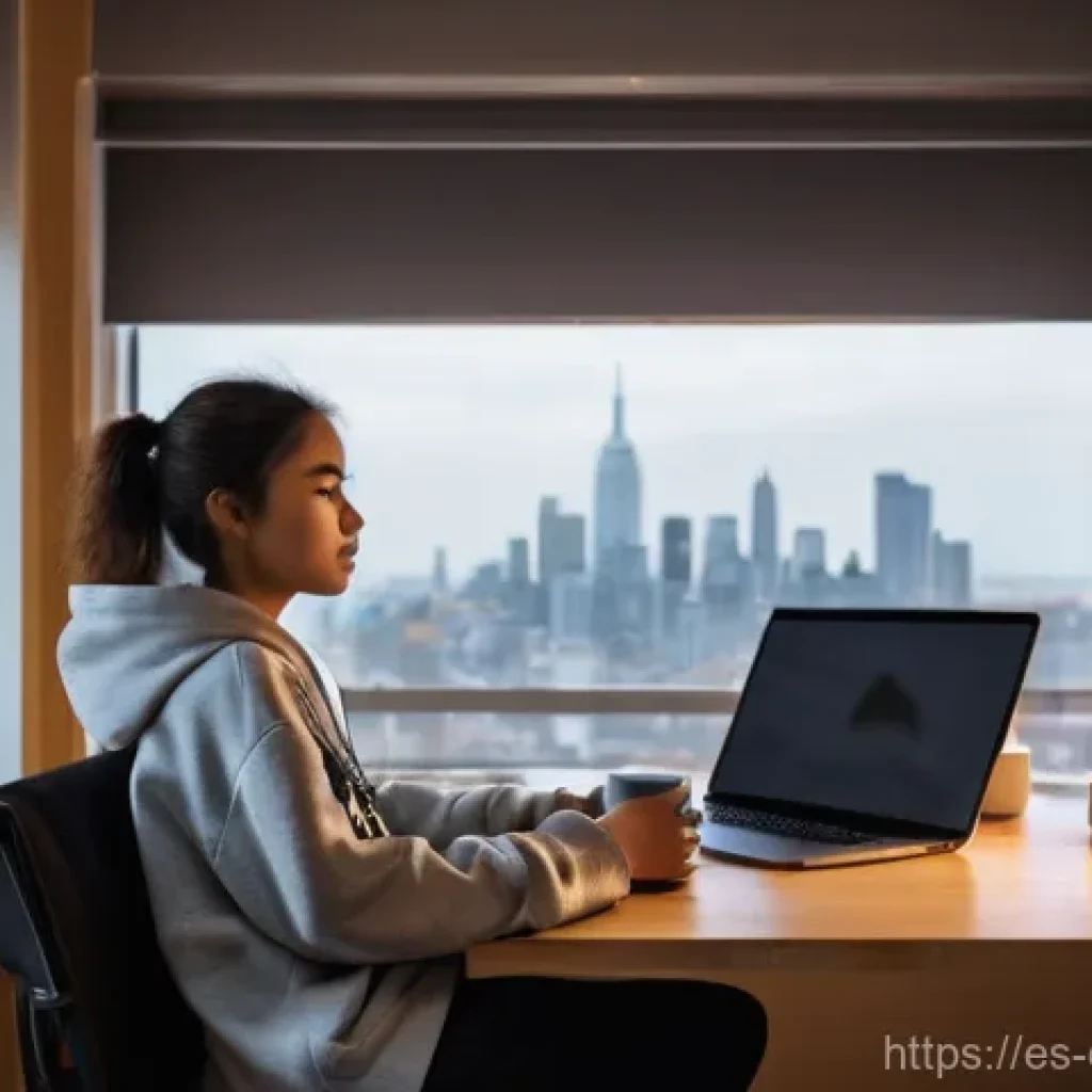 디지털 학습의 한계 - **Prompt:** A young adult, around 20 years old, sits alone at a modern wooden desk in a cozy, sunlit...