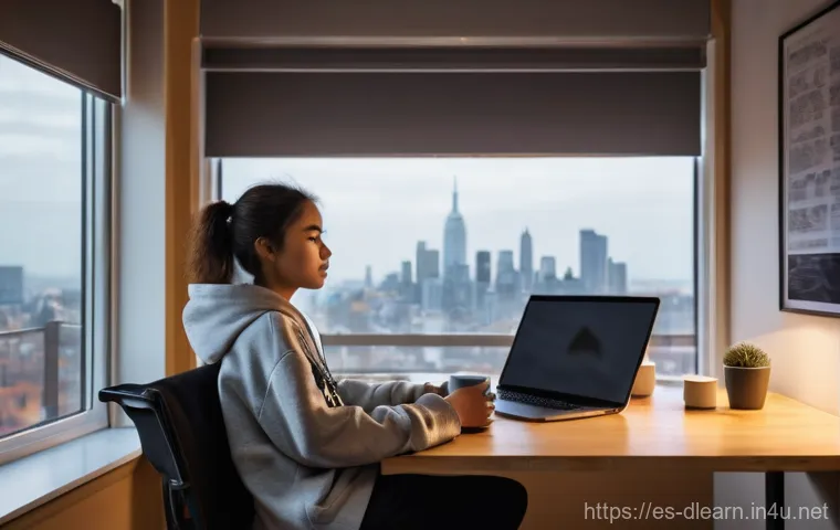 디지털 학습의 한계 - **Prompt:** A young adult, around 20 years old, sits alone at a modern wooden desk in a cozy, sunlit...