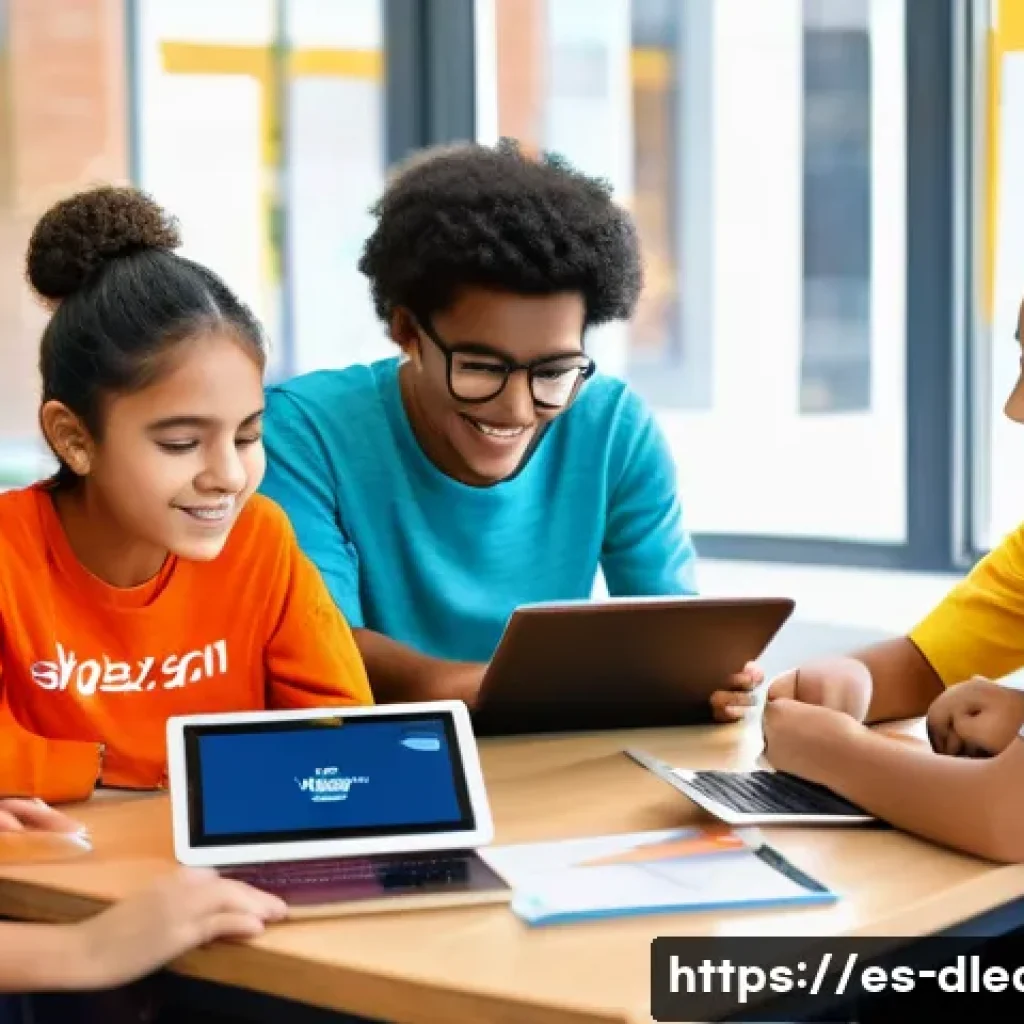 디지털 학습의 글로벌 확산 - A vibrant digital classroom scene set in a modern Latin American urban school, featuring diverse stu...