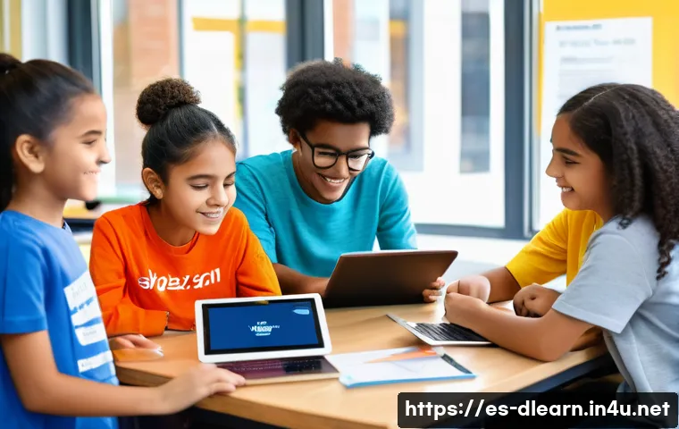 디지털 학습의 글로벌 확산 - A vibrant digital classroom scene set in a modern Latin American urban school, featuring diverse stu...