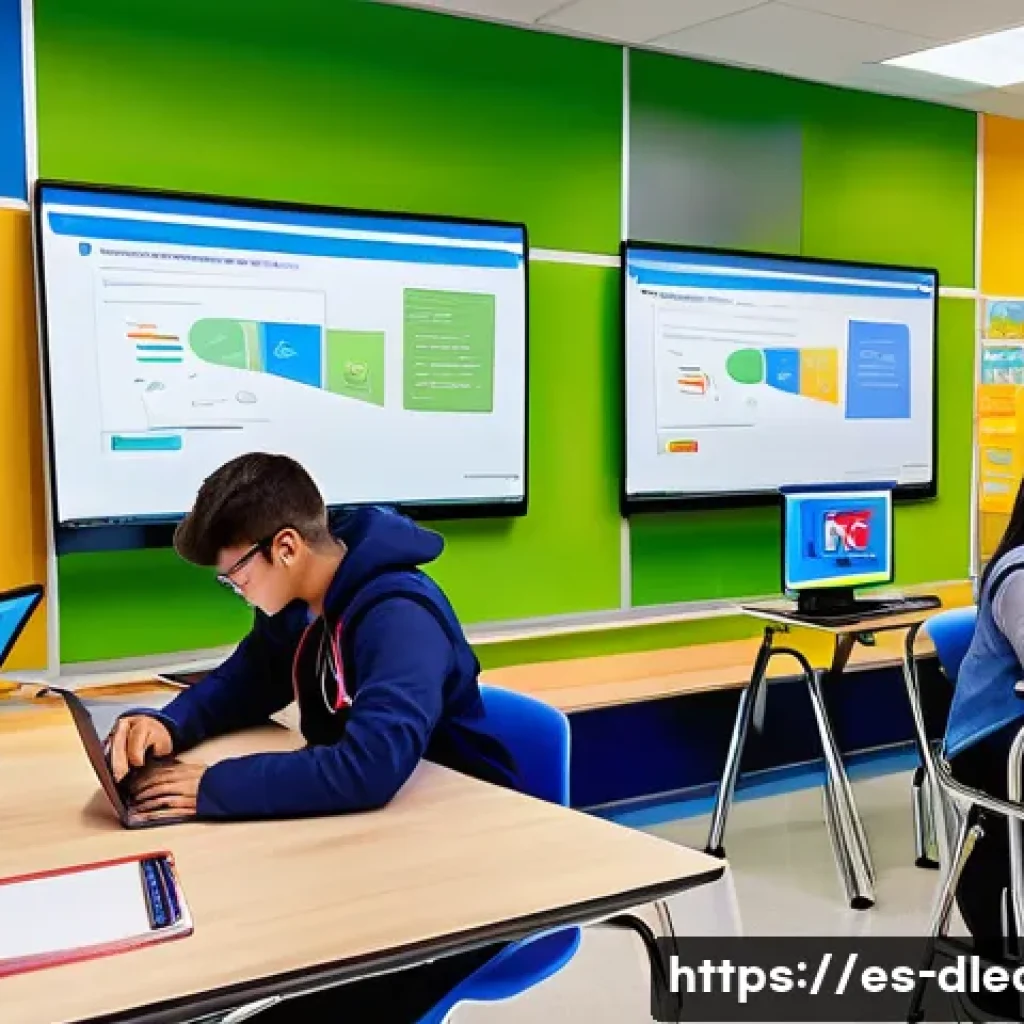 디지털 교육에서의 학습자 참여 - A vibrant digital classroom scene in a modern Spanish-speaking school, showing diverse students acti...