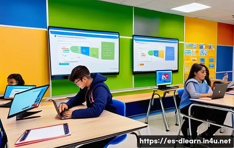 디지털 교육에서의 학습자 참여 - A vibrant digital classroom scene in a modern Spanish-speaking school, showing diverse students acti...