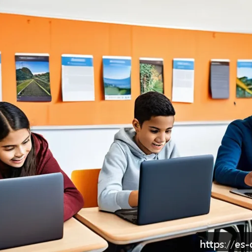 디지털 학습의 인프라 구축 - A modern digital classroom scene in a Latin American school, featuring diverse students using variou...