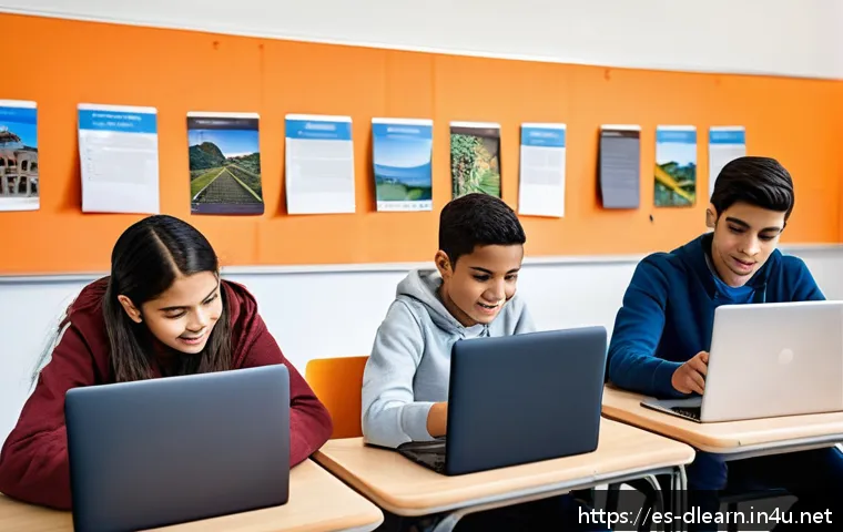 디지털 학습의 인프라 구축 - A modern digital classroom scene in a Latin American school, featuring diverse students using variou...