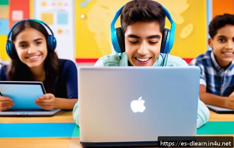 디지털 학습의 사용자 경험 - A vibrant digital classroom scene featuring diverse Hispanic students engaging with interactive mult...