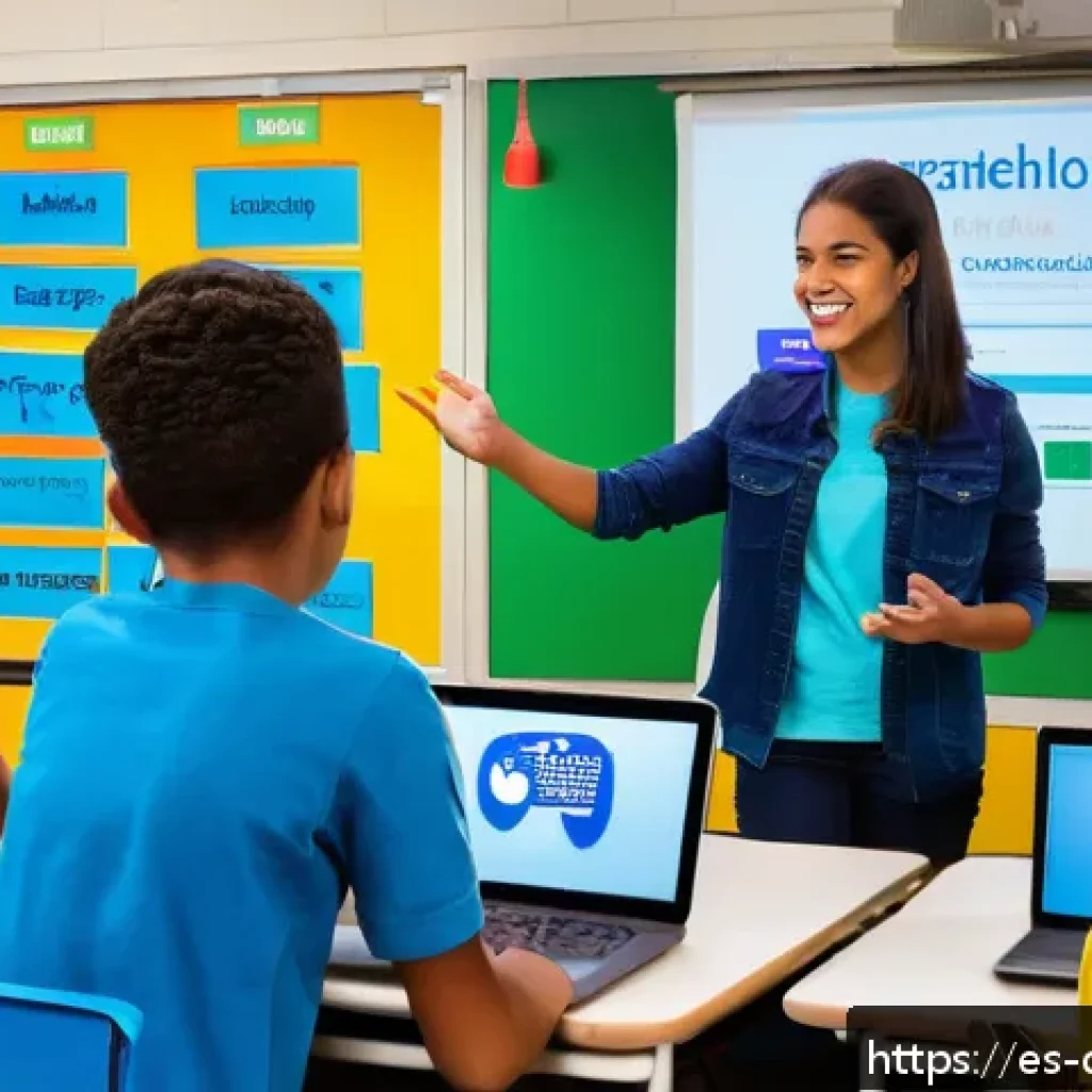 디지털 교육의 기술적 요구 사항 - A vibrant digital classroom scene set in a modern Spanish school, featuring diverse students activel...