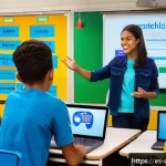 Home 21 디지털 교육의 기술적 요구 사항 - A vibrant digital classroom scene set in a modern Spanish school, featuring diverse students activel...