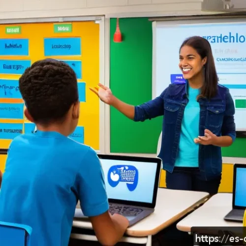 Home 33 디지털 교육의 기술적 요구 사항 - A vibrant digital classroom scene set in a modern Spanish school, featuring diverse students activel...