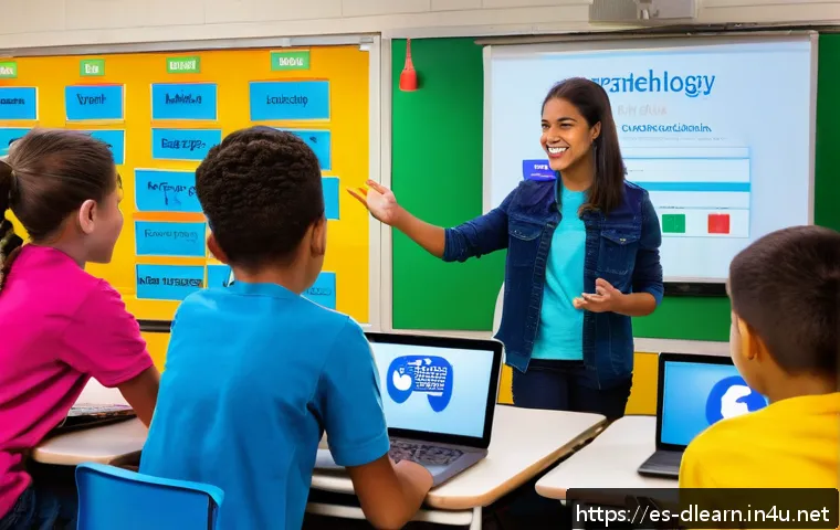 디지털 교육의 기술적 요구 사항 - A vibrant digital classroom scene set in a modern Spanish school, featuring diverse students activel...