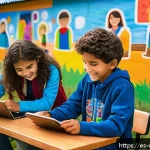 Home 19 디지털 학습의 사회적 책임 - A vibrant classroom scene in a rural Latin American community, showing diverse students wearing casu...