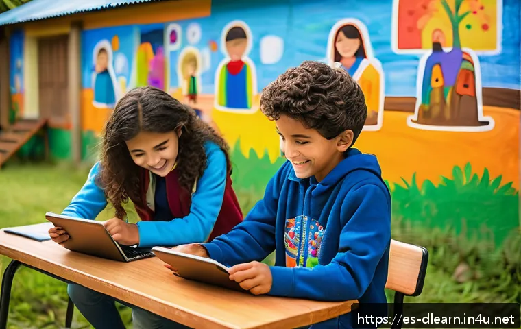 디지털 학습의 사회적 책임 - A vibrant classroom scene in a rural Latin American community, showing diverse students wearing casu...