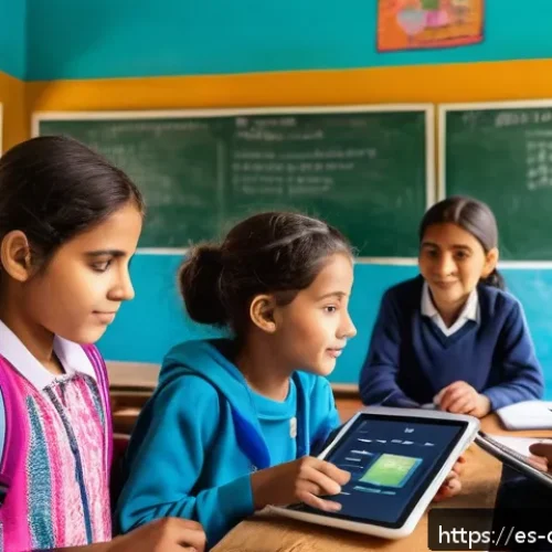 Home 30 디지털 학습 사례 - A vibrant classroom scene in a rural Latin American school where diverse students, aged 12-15, are e...