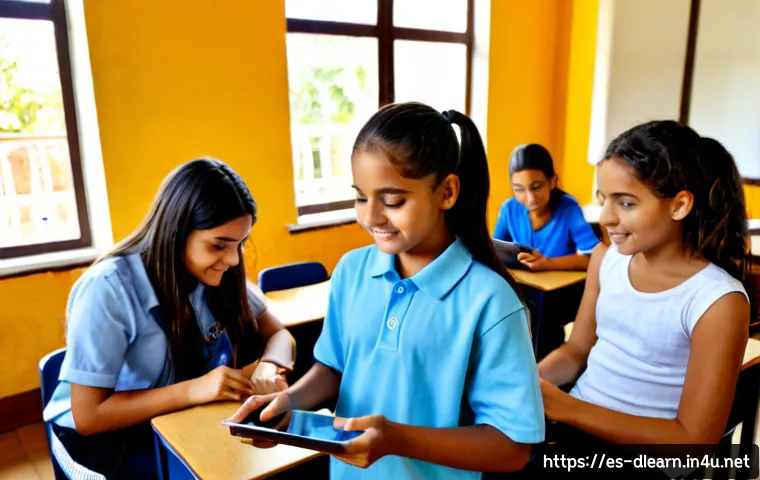Home 17 디지털 학습의 혁신적 변화 - Photorealistic wide-angle classroom in a modern Spanish-speaking Latin American school, diverse teen...