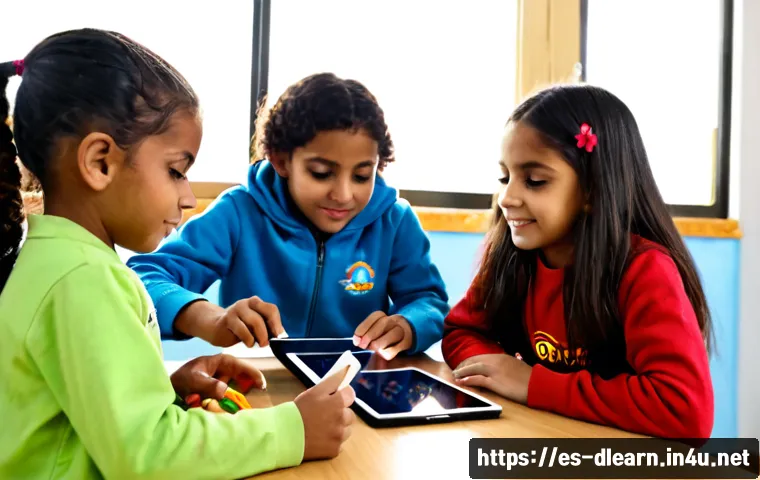 디지털 학습의 체험형 콘텐츠 - Photorealistic interactive digital learning scene in a bright Spanish-language elementary classroom,...